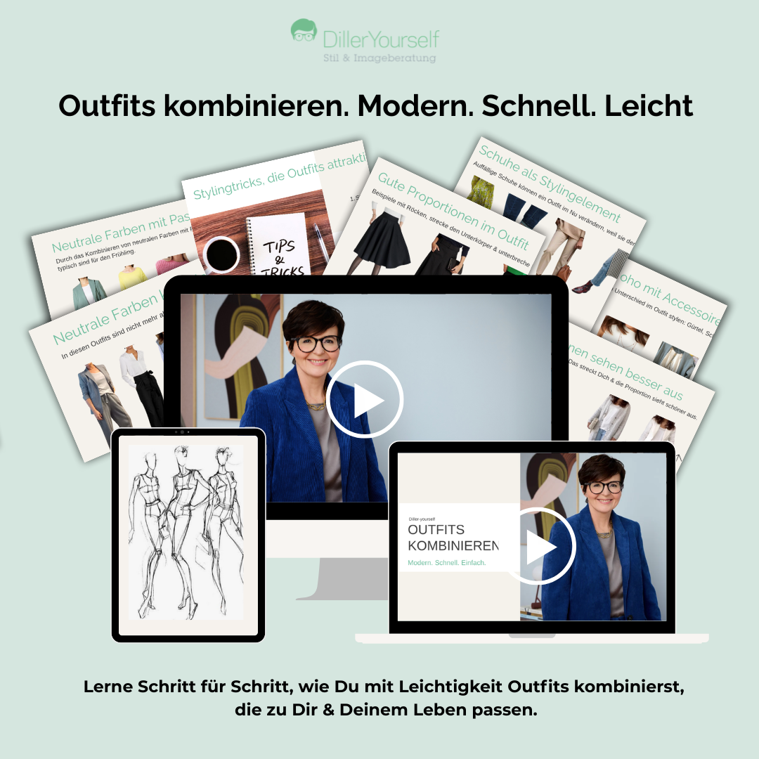 Mockup Outfit-kombinieren Stefanie Diller im petrolfarbenen Blazer vorm Laptop